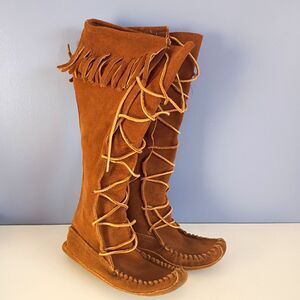 Vintage Minnetonka 1322 Knee High Lace Up Leather Sole Moccasin Boots 7 Boho